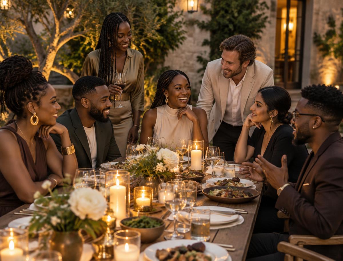 Diverse group of well-dressed adults sharing a candlelit dinner in a garden courtyard