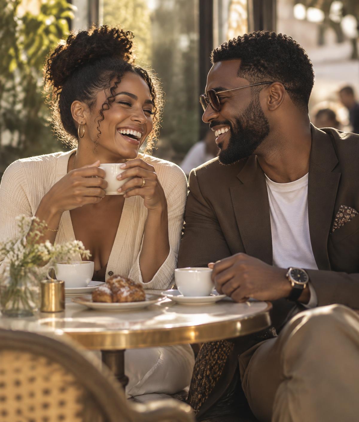 Elegantly dressed couple laughing together over coffee at a sunlit café table